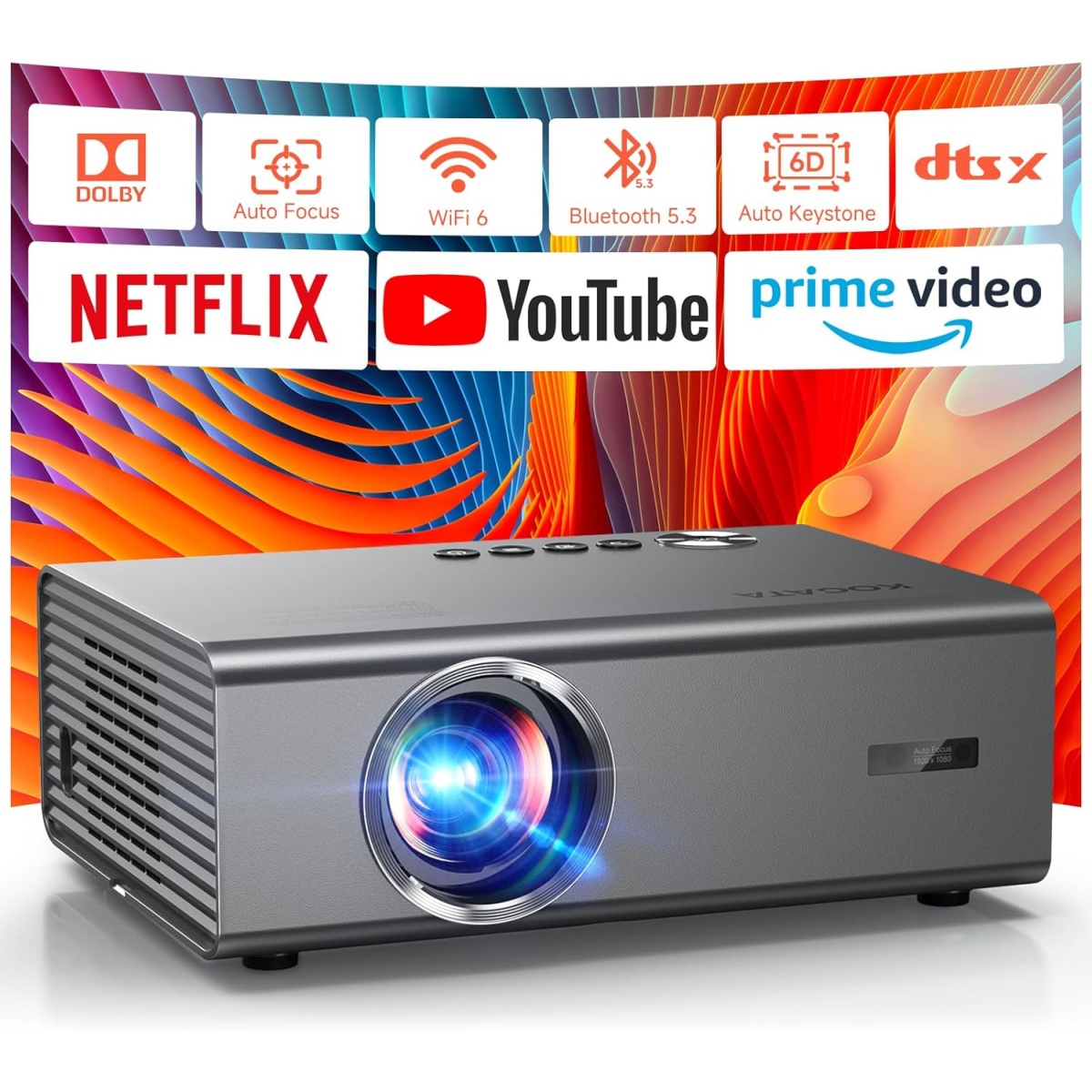 Kogata Netflix Licensed Smart Projector: 1000ANSI 4K (Native 1080P) | Auto Focus, 6D Keystone, HDR10+, Dolby Audio | WiFi 6, Bluetooth 5.2